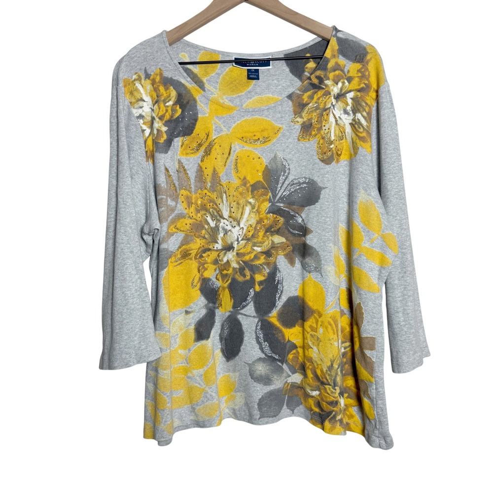 Karen Scott Womens Knit Top‎ 1X Gray Yellow Floral Cotton Embellish